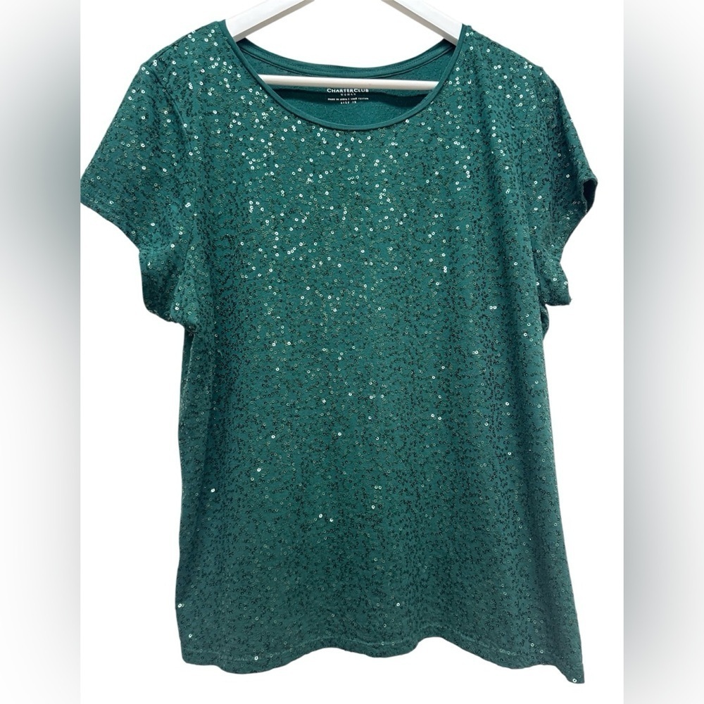 Charter Club Green Sequin Short Sleeve Top Women’s size 1X